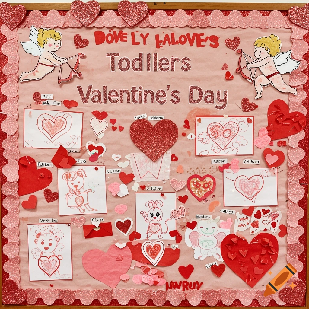A colorful bulletin board decorated for Valentine's Day with children's drawings, glitter hearts, and cupid figures.