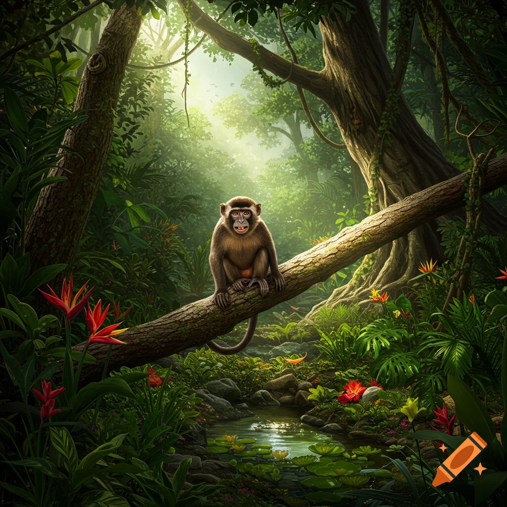 A monkey sits on a fallen log in a lush, sunlit jungle.