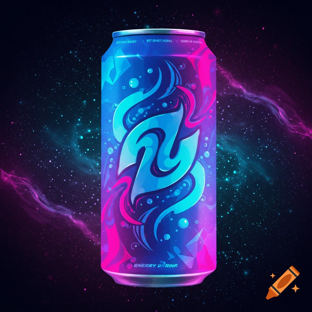 A colorful energy drink can with abstract designs set against a space background.