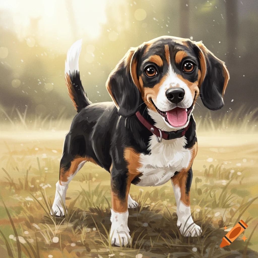 A happy beagle puppy stands in a grassy field.