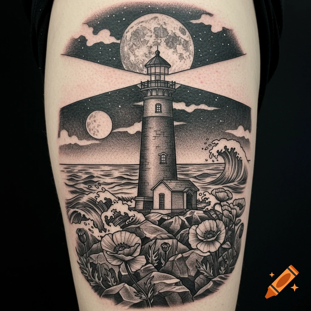 Black and white tattoo design of a lighthouse on rocks by a stormy sea with poppy flowers and two moons in the sky.