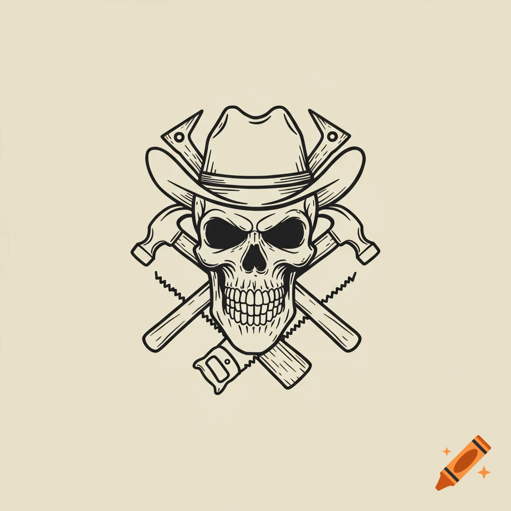 Line drawing logo of a skull wearing a cowboy hat with crossed hammers and saws behind it.