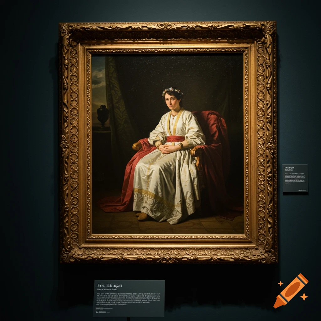 A painting of a woman in a white and red dress sitting in a chair, displayed in a gold frame in a museum.