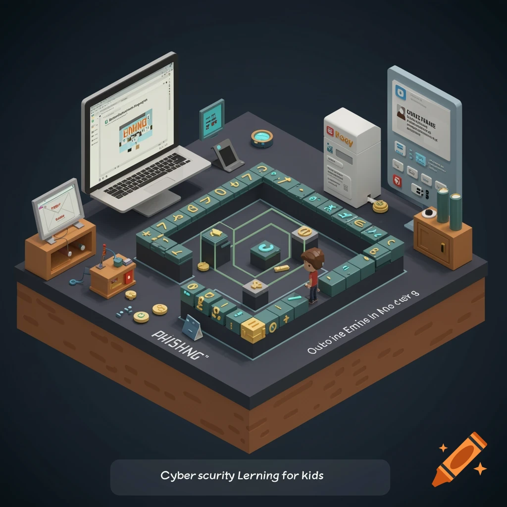 Isometric 3D render of a cybersecurity learning game board with computers, a character, and symbolic text.