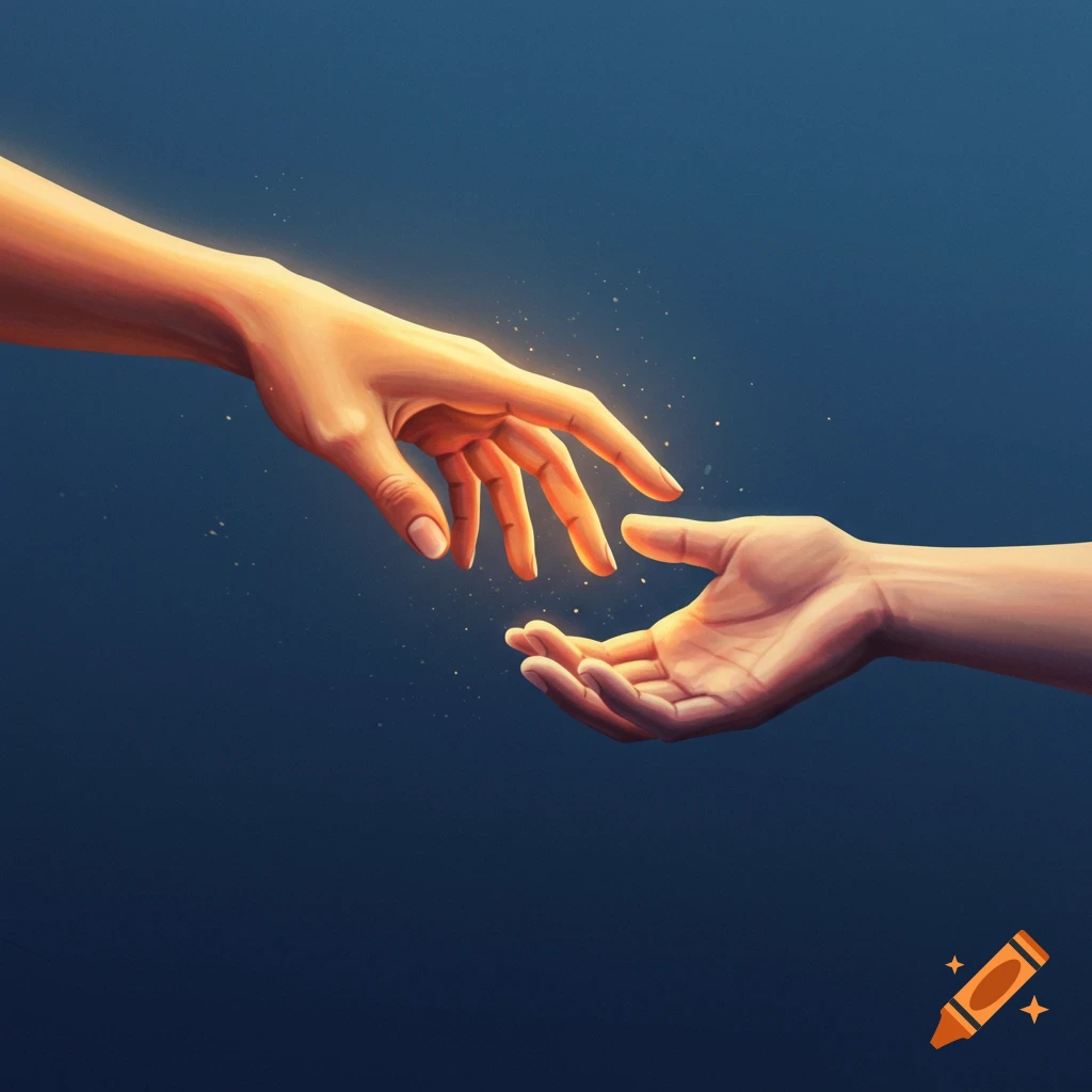Two hands reaching for each other against a dark blue background.