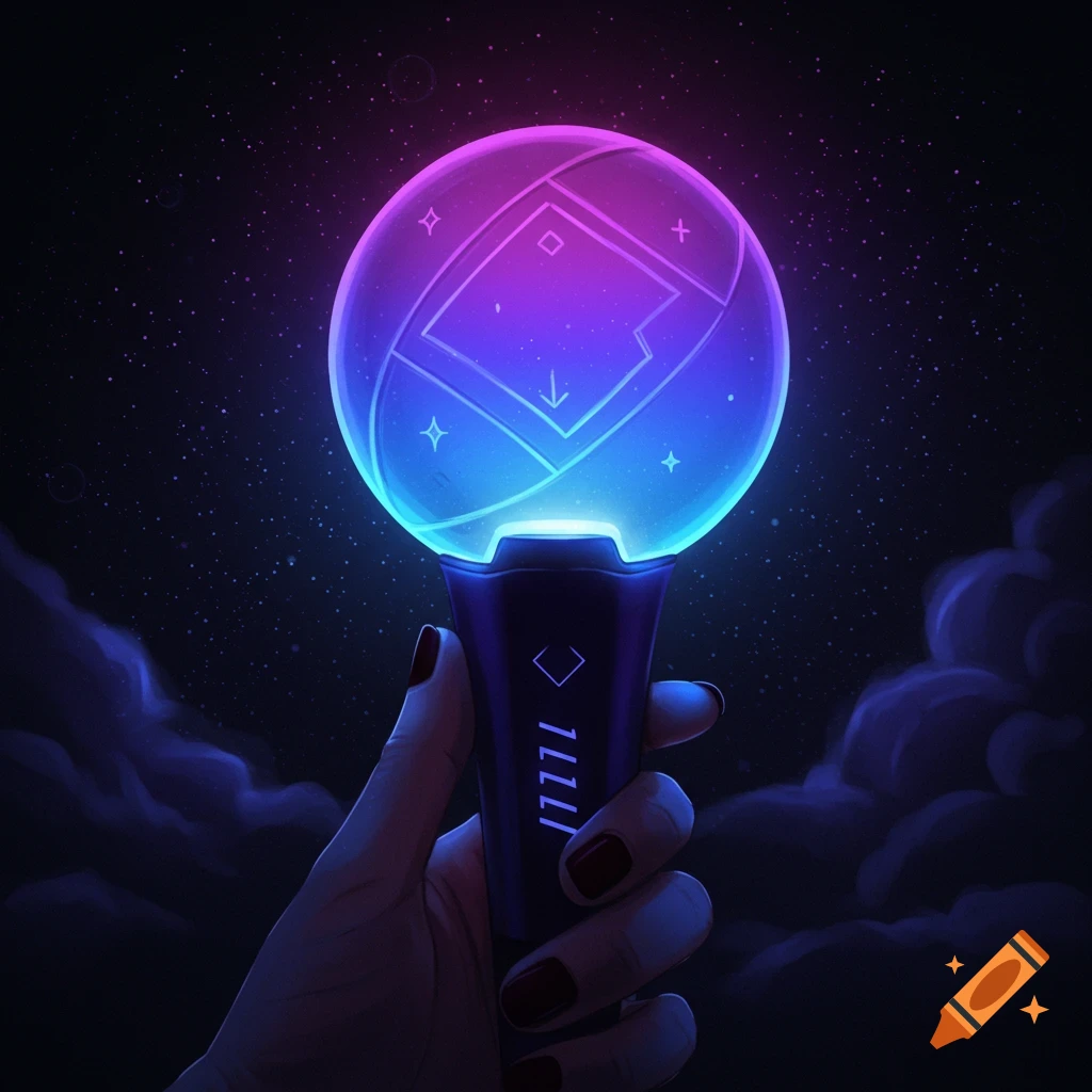 A hand holding a glowing pink and blue lightstick against a starry night sky