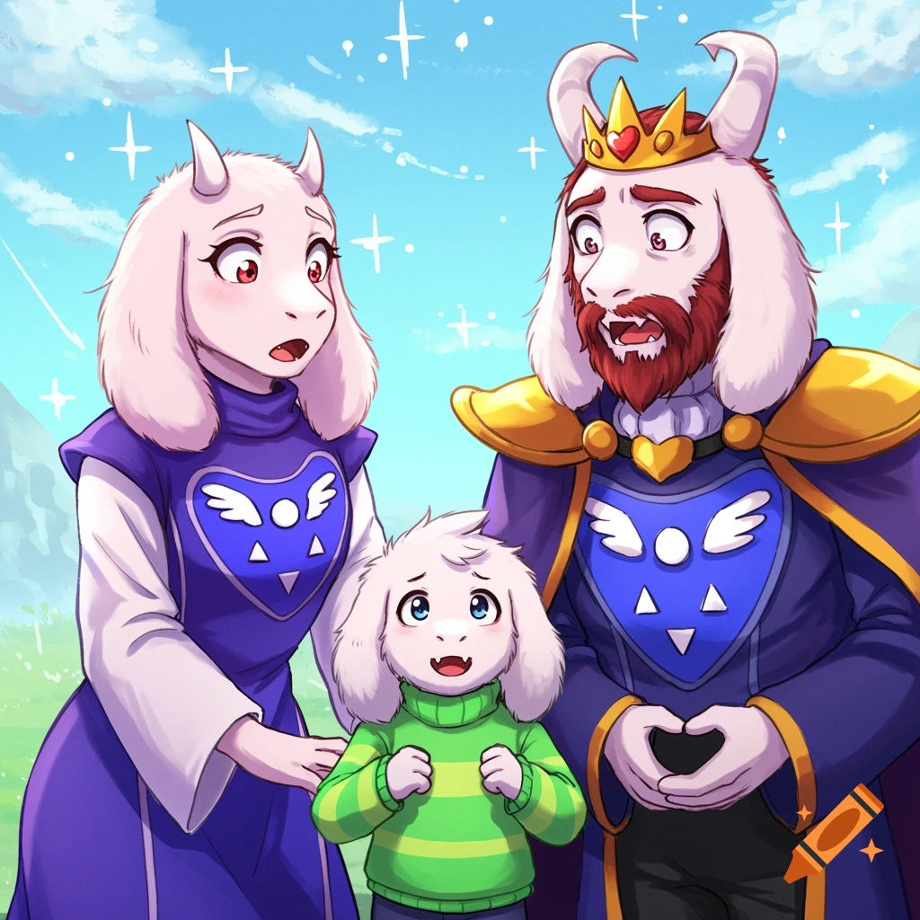 Toriel and Asgore looking surprised at Asriel.