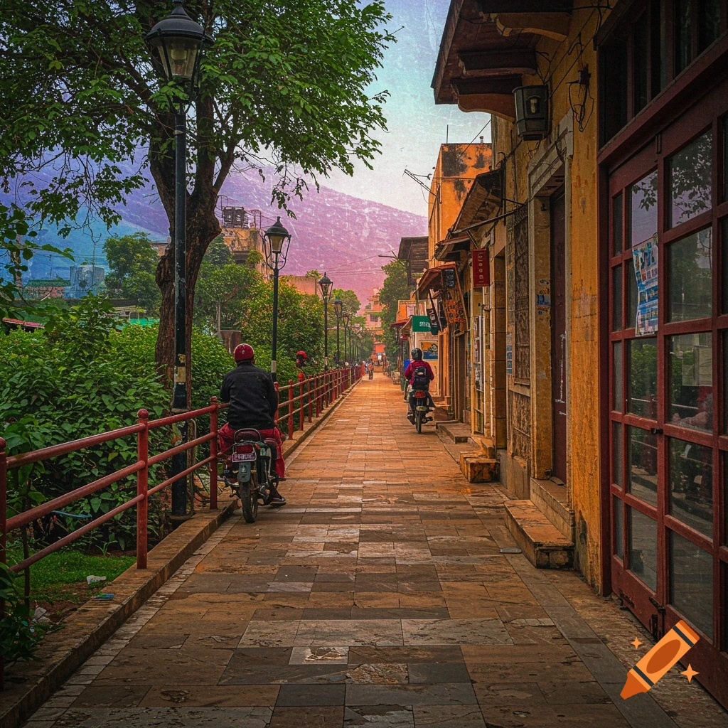 People riding motorbikes down a narrow street lined with buildings, trees, and a mountain in the distance.