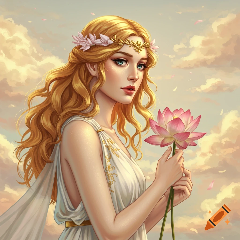 A woman with blonde hair in a white dress and crown, holding a pink lotus flower.