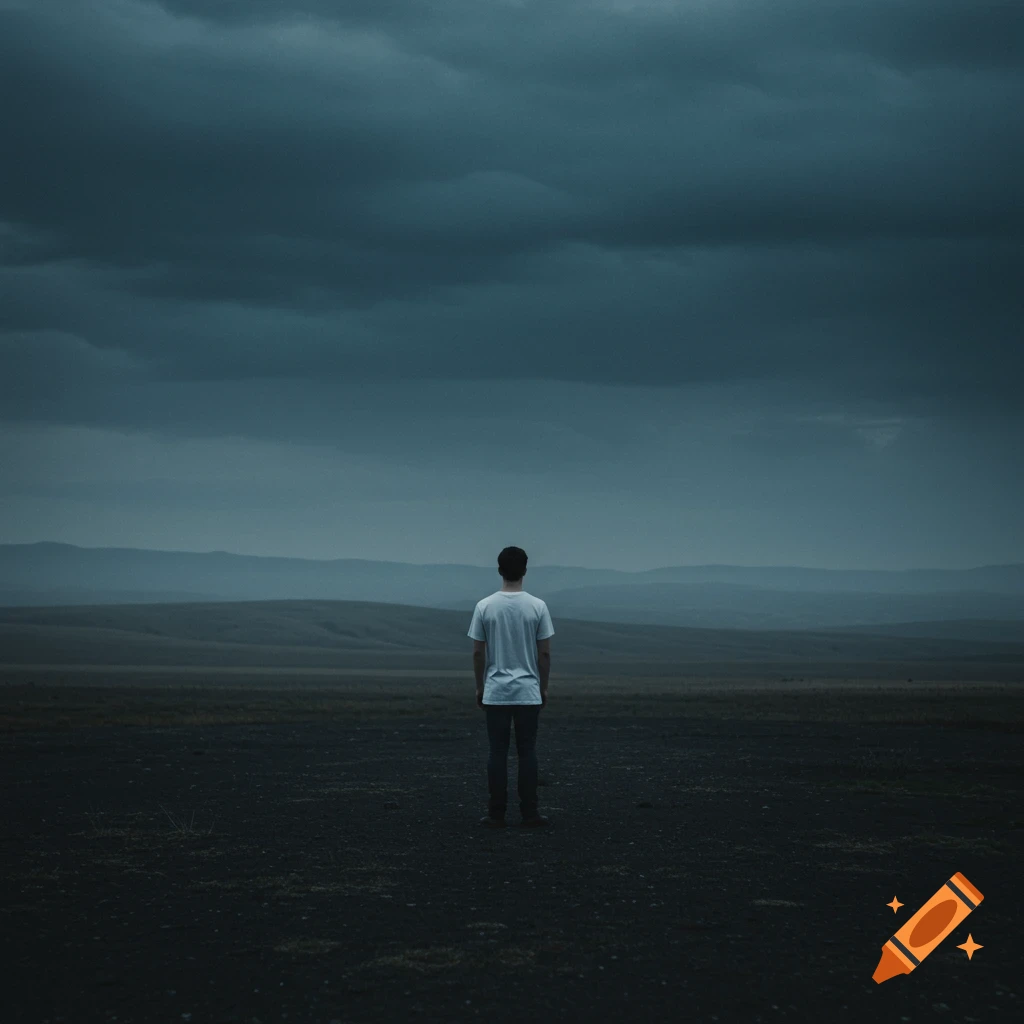 A lone figure stands in a dark field under a cloudy, dramatic sky looking at distant mountains.