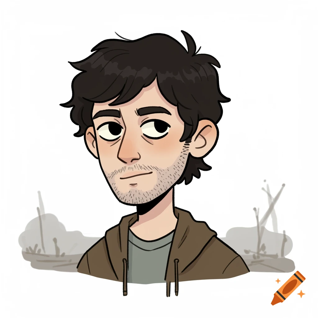 A cartoon portrait of a man with dark hair and stubble, wearing a brown hoodie.