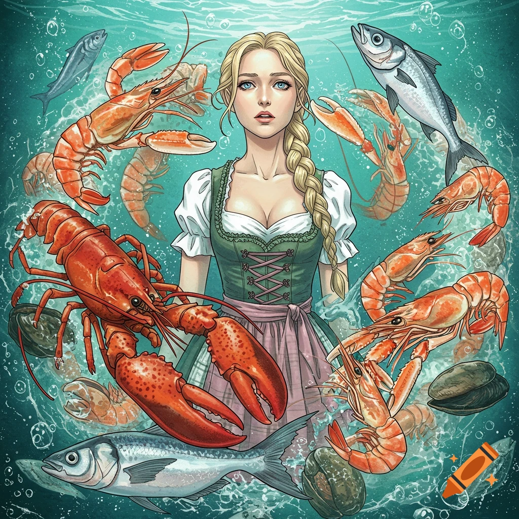 A woman in a dirndl underwater surrounded by seafood, digital illustration.