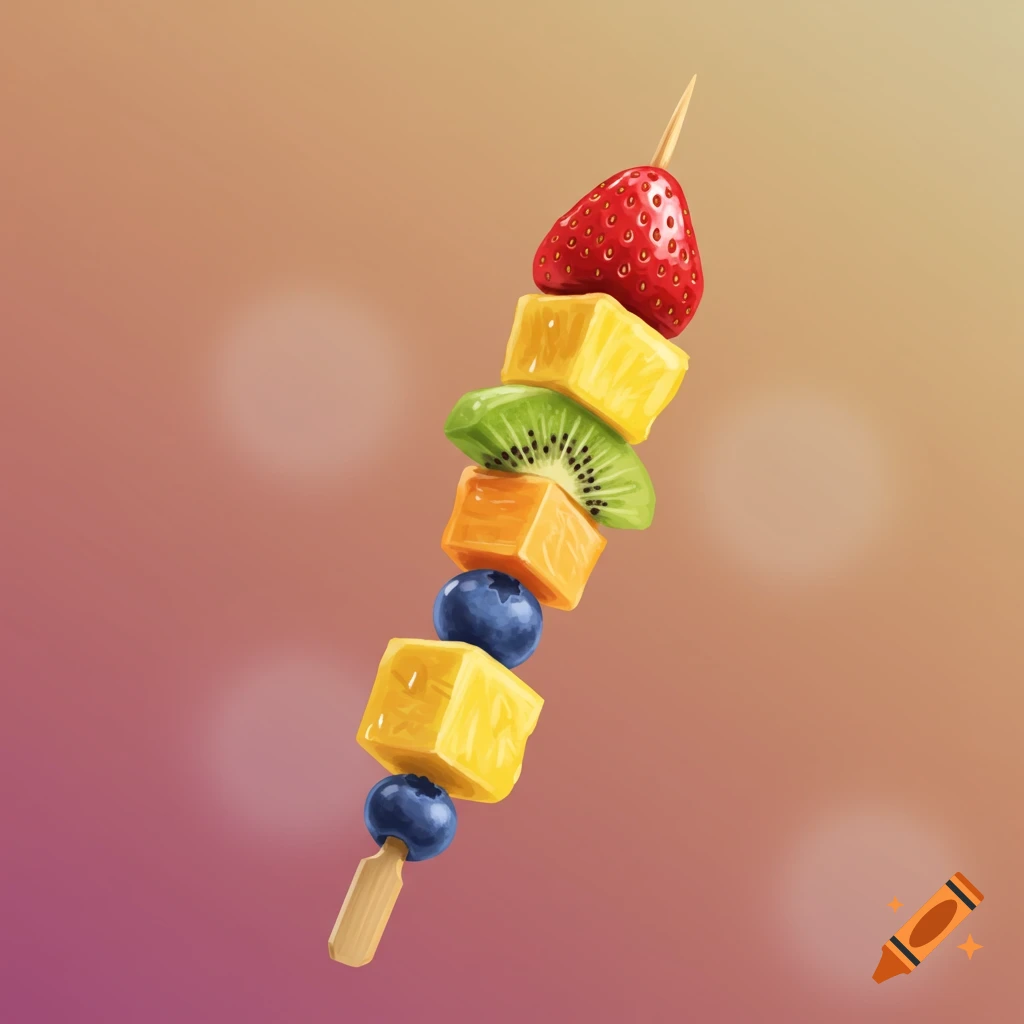 A fruit kabob with strawberry, pineapple, kiwi, blueberries, and orange chunks on a skewer.