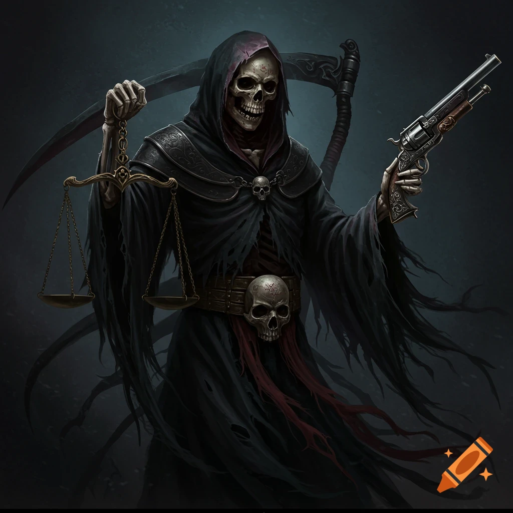 The Grim Reaper holding scales of justice and a gun.