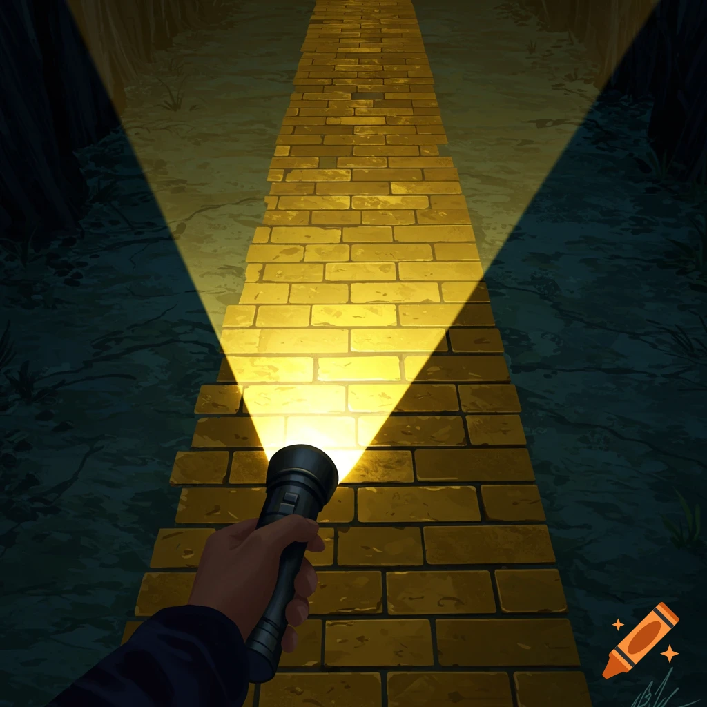 A hand holding a flashlight illuminates a golden brick road.