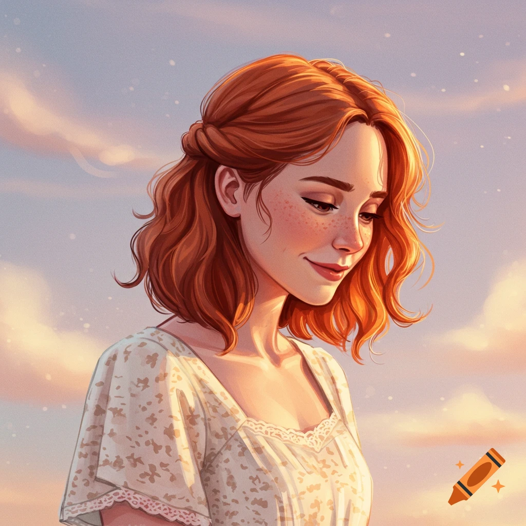 Portrait of a young woman with red hair and freckles smiling and looking down against a cloudy sky.