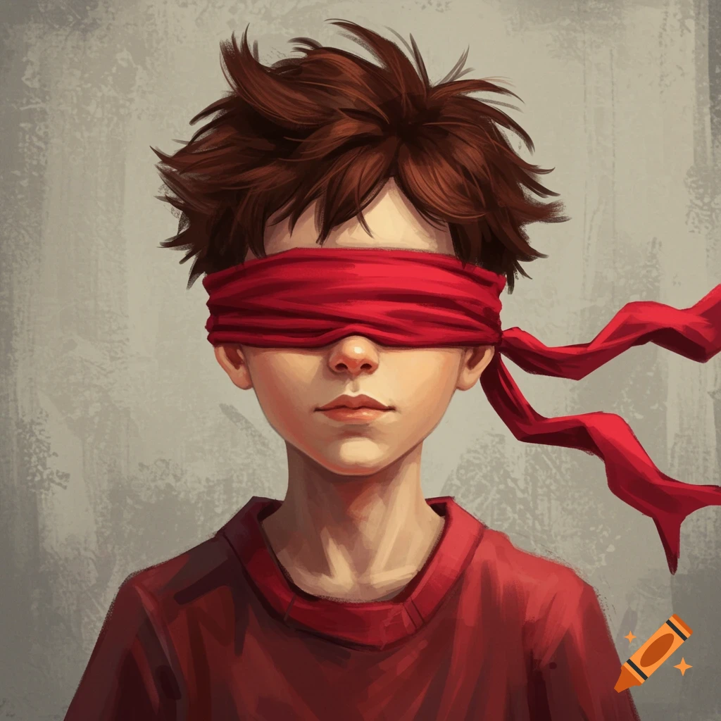 Portrait of a boy wearing a red blindfold.