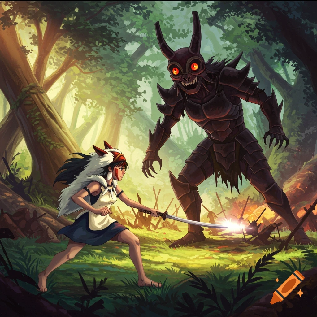 Princess Mononoke fighting Skar King in a forest.