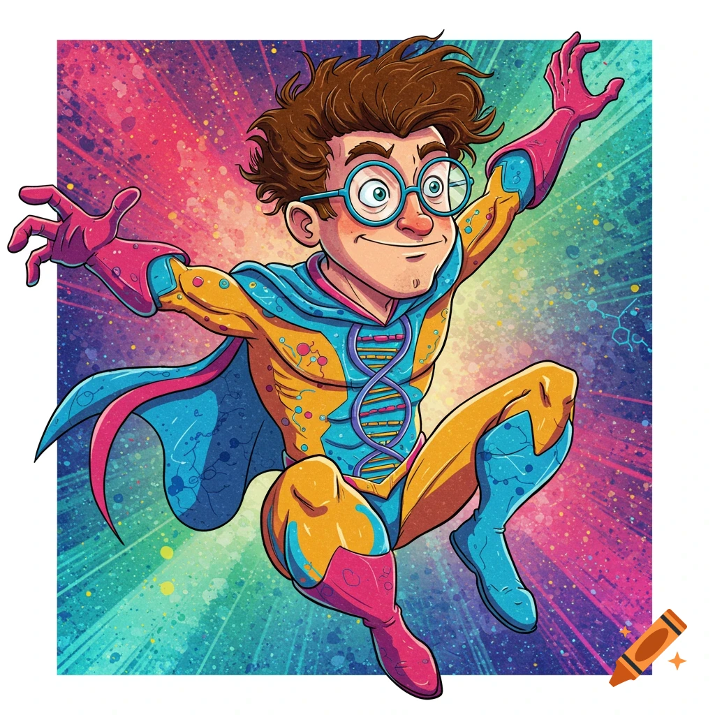 Nerdy superhero with DNA symbol jumping against a colorful background, comic book style.