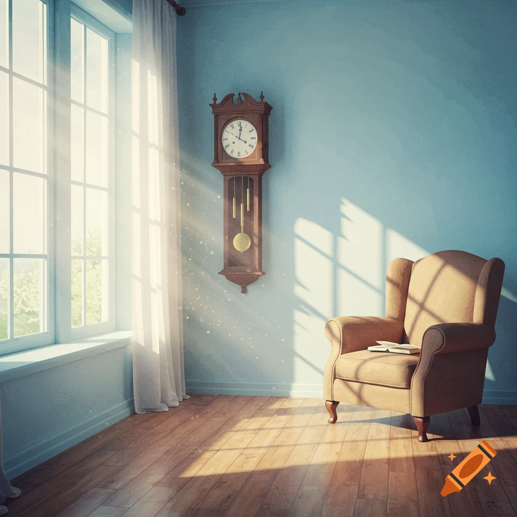 A room with sunlight streaming through a window onto an armchair and grandfather clock.