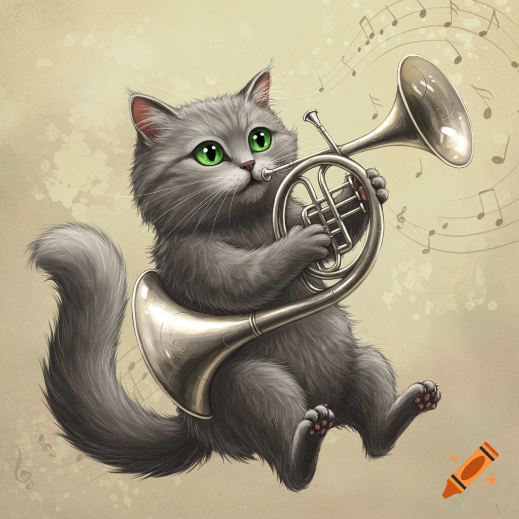 A cute gray cat plays a silver French horn.