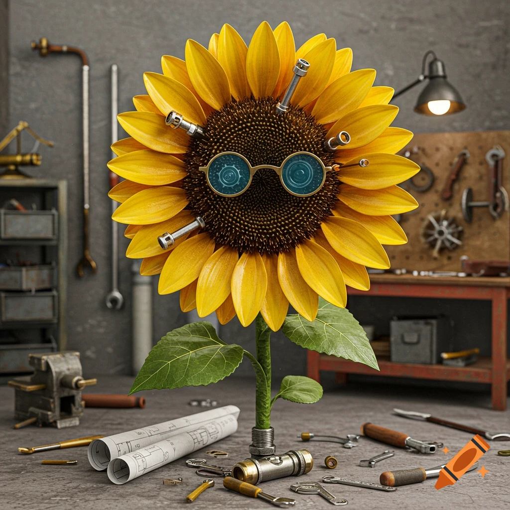 Steampunk sunflower wearing goggles with bolts in a workshop with tools and blueprints.