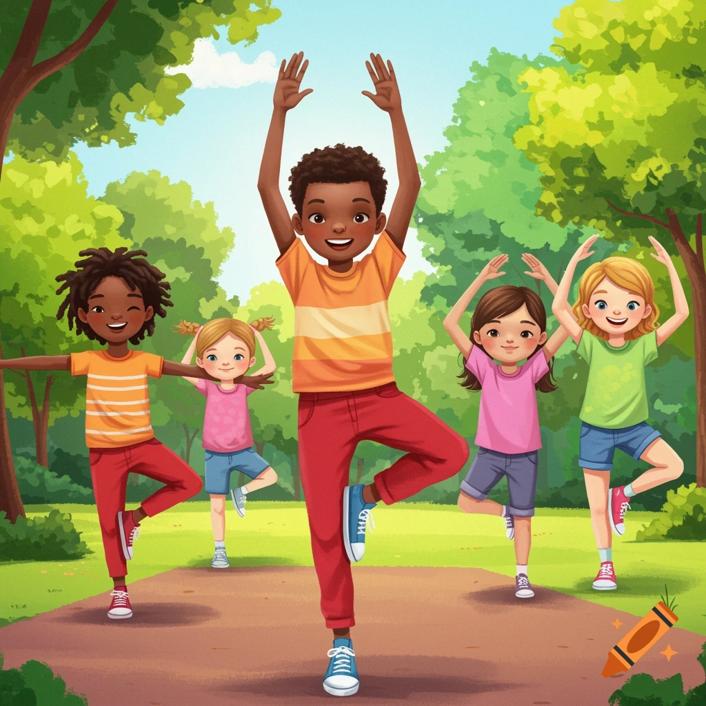Diverse children balance on one leg in a park illustration