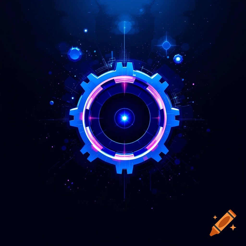 A vibrant blue gear shape with pink highlights glows against a dark blue abstract background with bright stars and glowing particles.