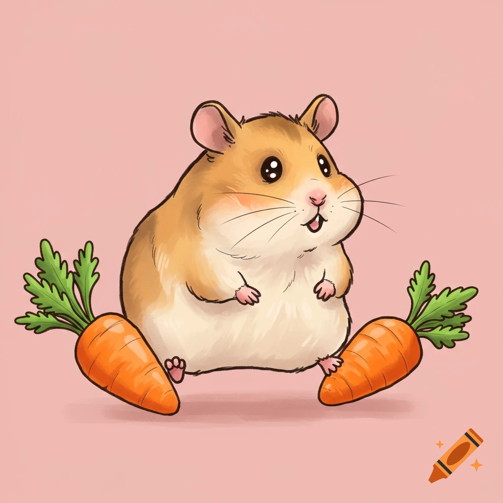 Cartoon illustration of a cute hamster with carrots for feet.