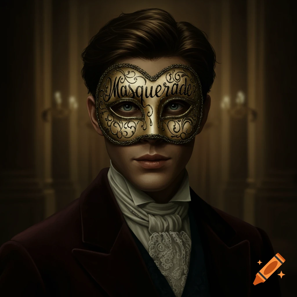A man wearing a gold masquerade mask with 'Masquerade' written on it, in a dim room.