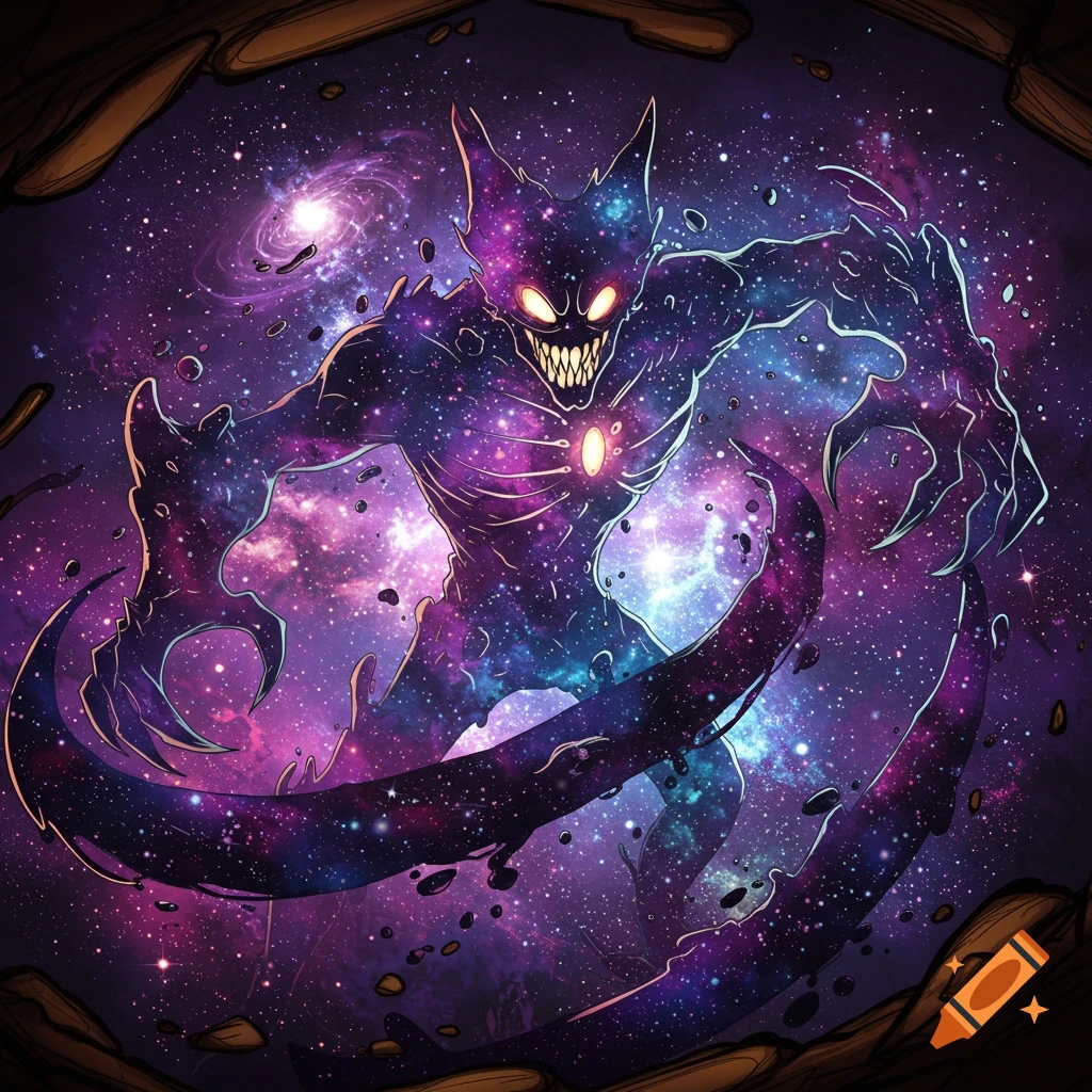 A fearsome cosmic creature made of galaxies and stars with sharp teeth and glowing eyes.