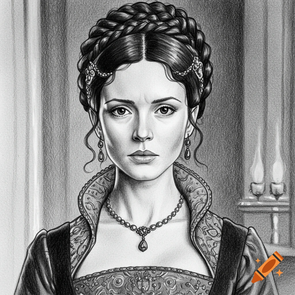 Pencil sketch portrait of a woman with braided hair in historical dress.