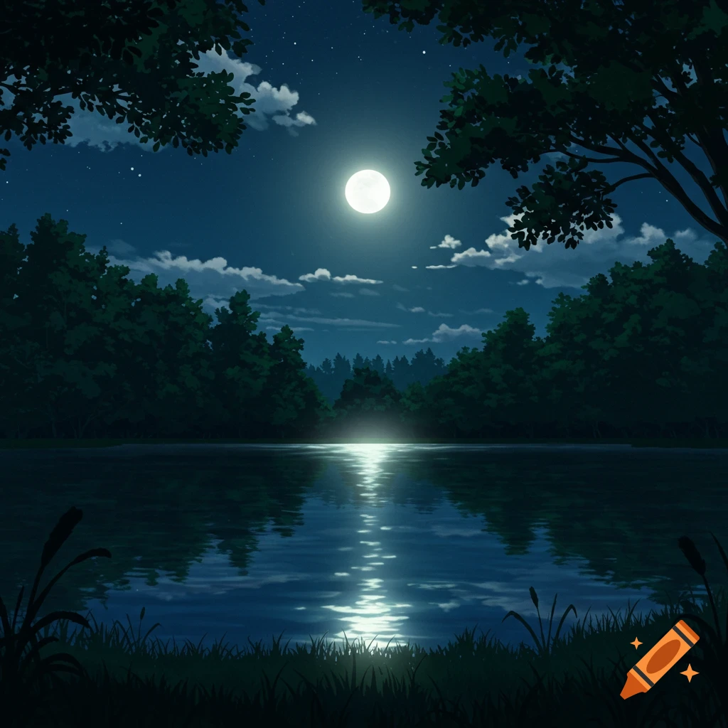 Anime style illustration of a lake and forest at night with a full moon reflected on the water.