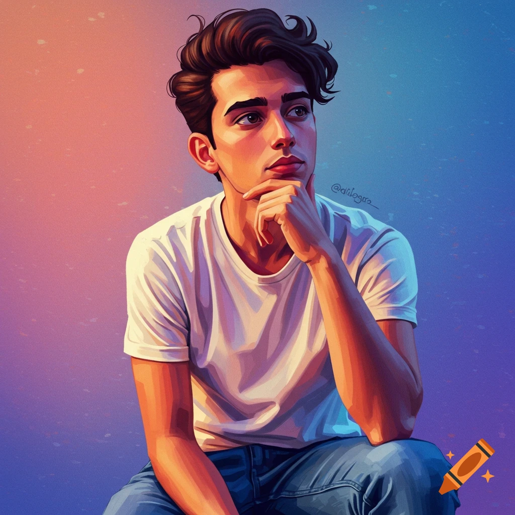 A young man in a white t-shirt looking up