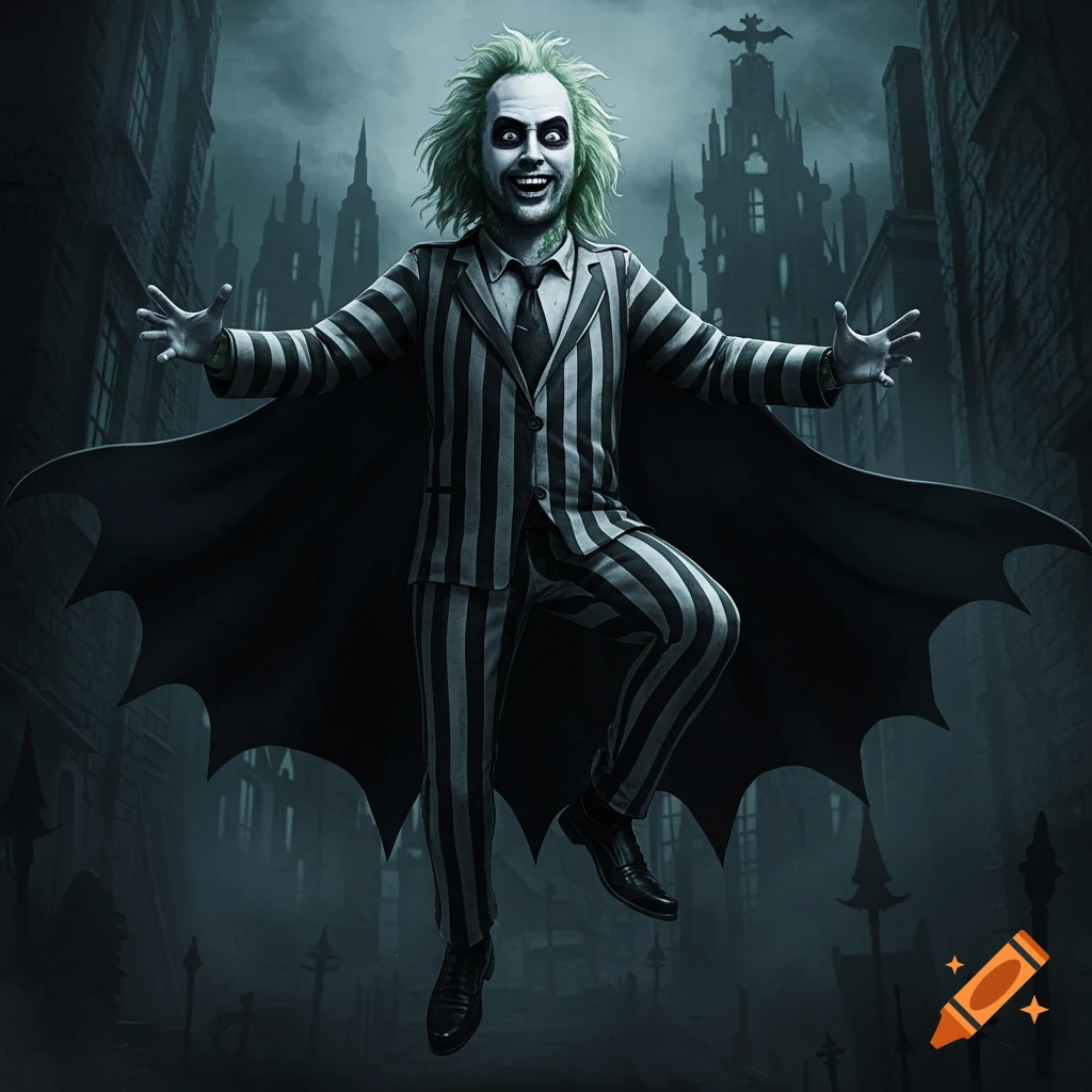 Beetlejuice in a black and white striped suit and Batman cape floats in a gothic city street