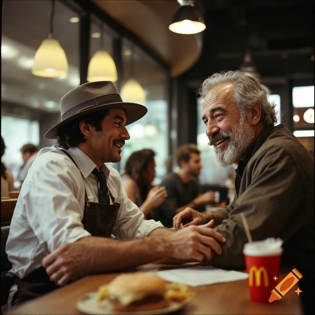Two men talk and laugh over food and drinks at a table in a busy restaurant. One man wears a hat and apron.