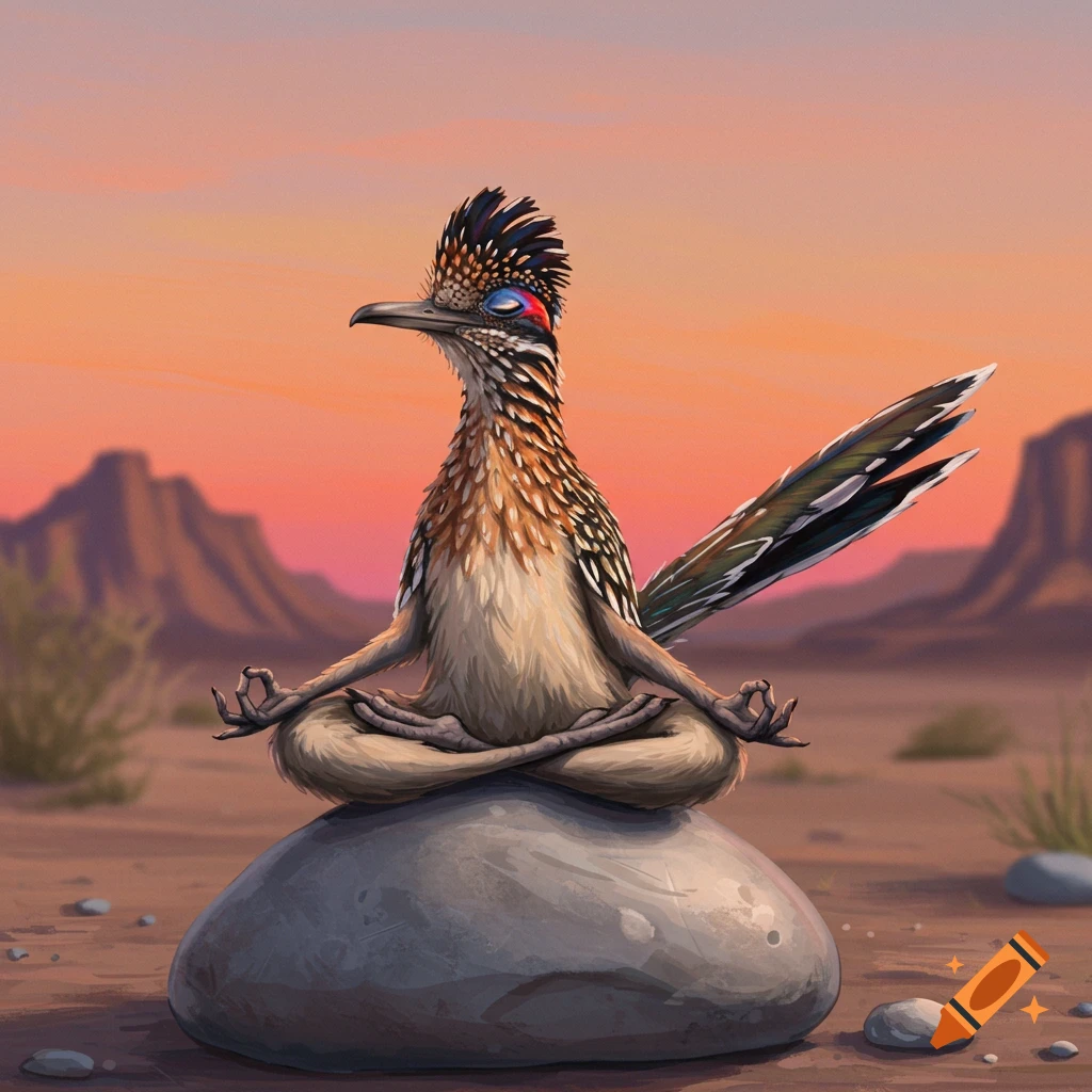 A roadrunner sitting in a meditation pose on a rock in a desert landscape at sunset.