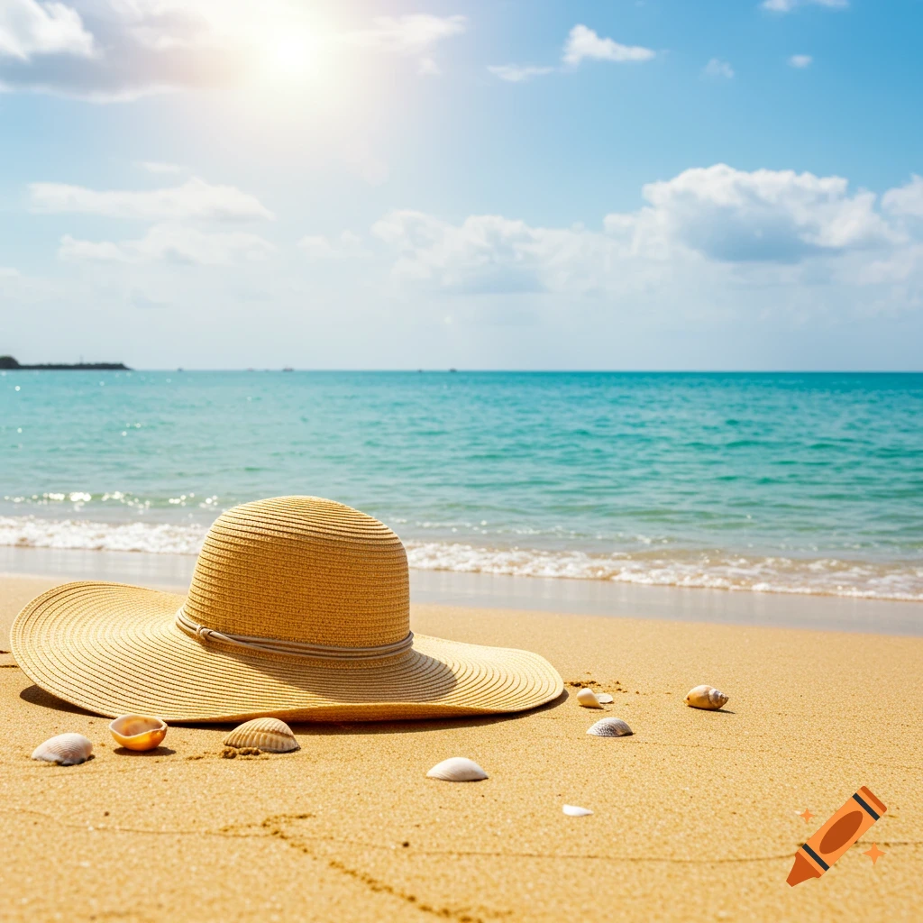 A sun hat sits on a beach with shells by the ocean under a sunny sky.