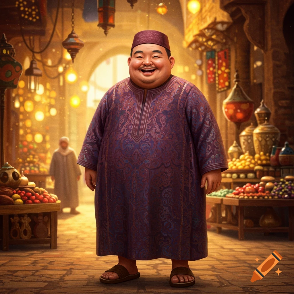 A smiling man in traditional purple robe and red hat stands in a lamp-lit market.