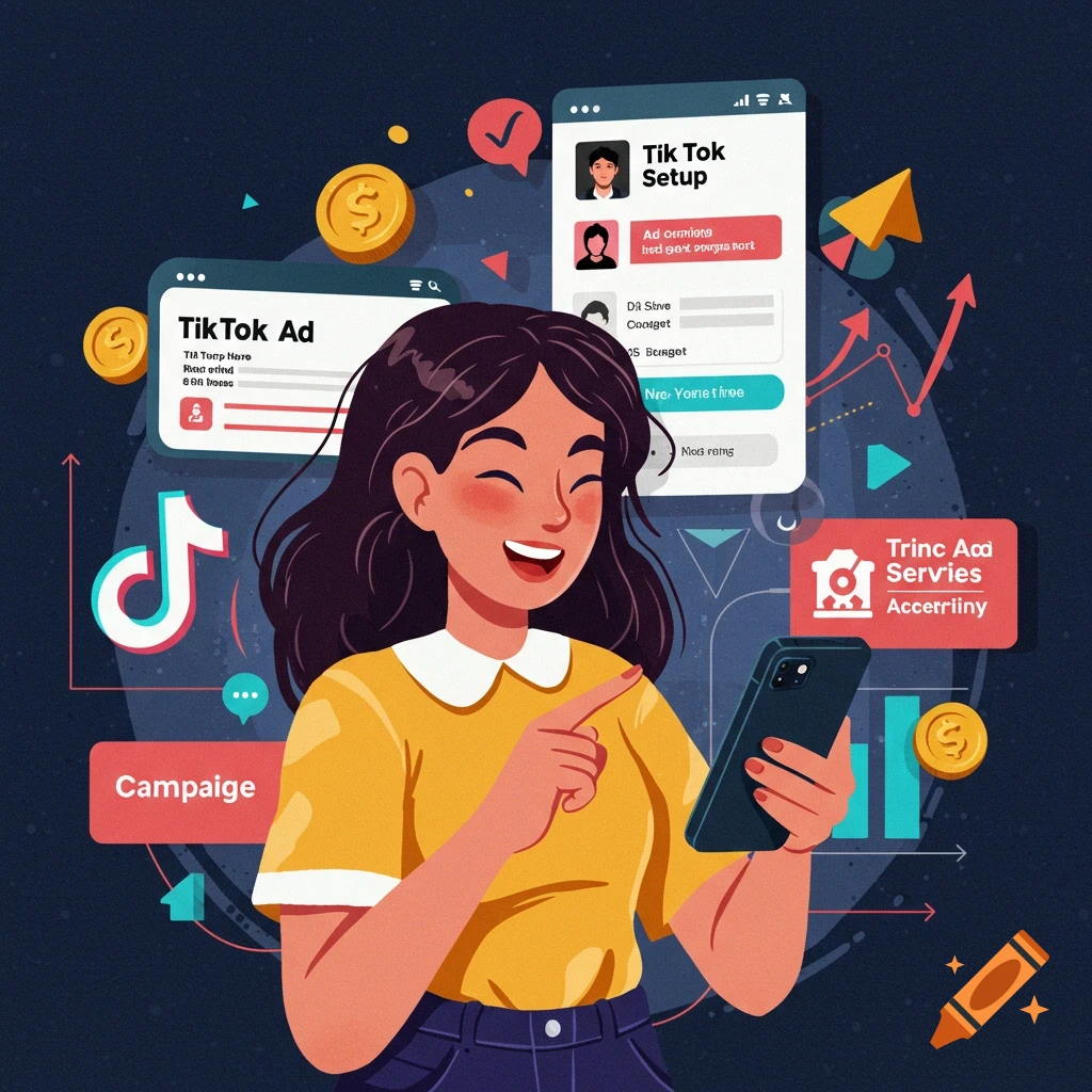 A woman is using her phone while surrounded by elements related to a TikTok ad setup, including charts and money.