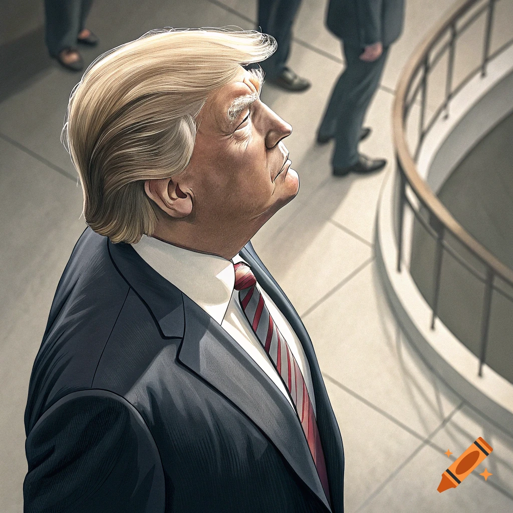 Illustration of Donald Trump looking up, viewed from behind his left shoulder.