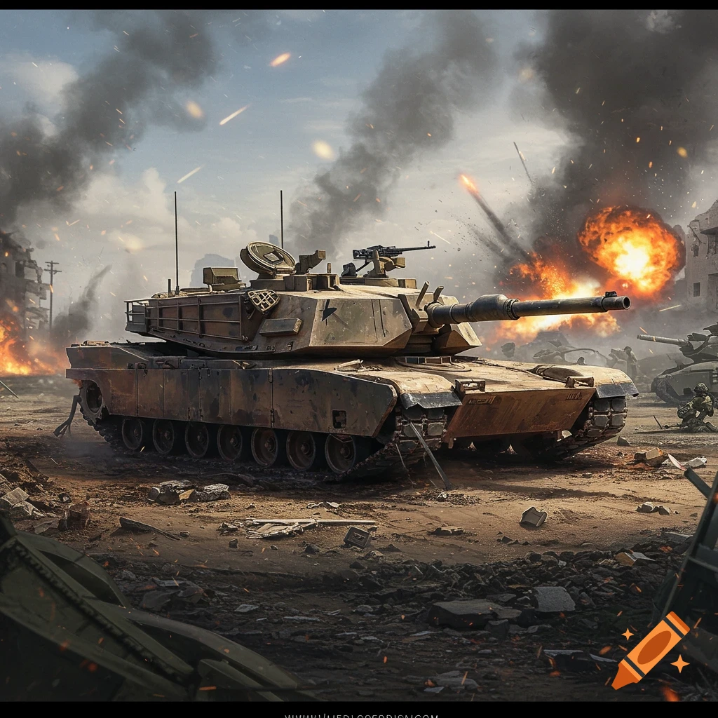 A destroyed M1A2 Abrams tank sits on a chaotic battlefield with explosions and smoke.