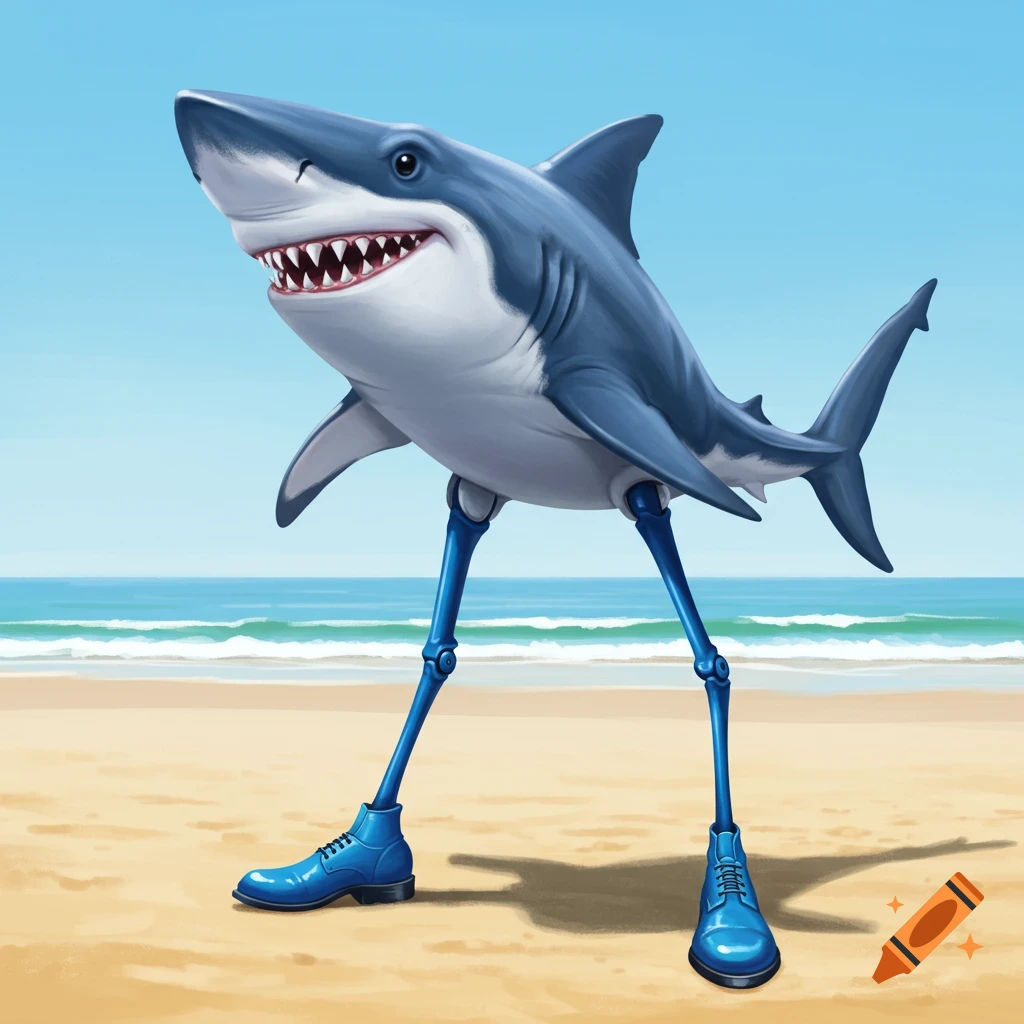 A shark with long legs and blue shoes is standing on a beach.