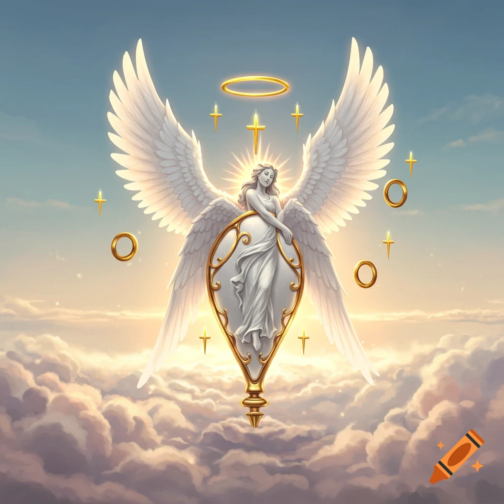 An angel statue with large wings, halo, and glowing light standing on clouds, surrounded by golden crosses and rings.