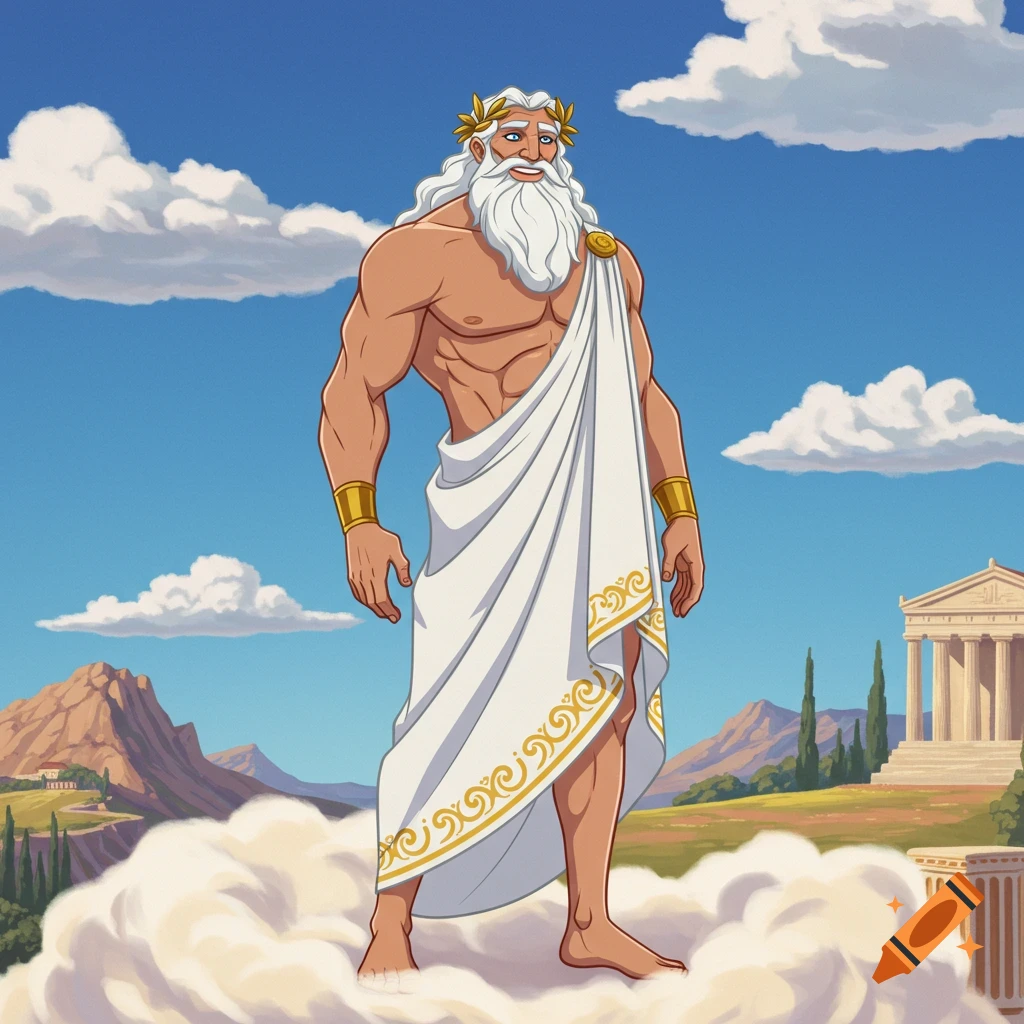 Cartoon style Greek god with white hair and beard, wearing a toga and gold wreath, stands on a cloud above a landscape with mountains and a temple.