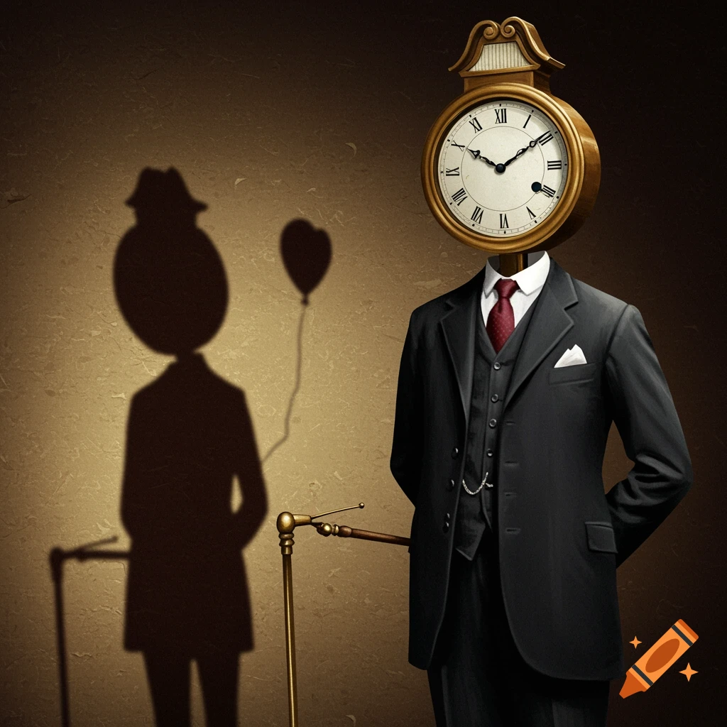 A man in a suit with a clock for a head, whose shadow appears as a child holding a balloon.
