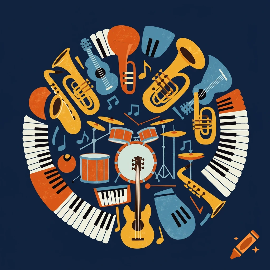 A circular arrangement of stylized musical instruments like piano keys, drums, guitars, and brass on a dark blue background.