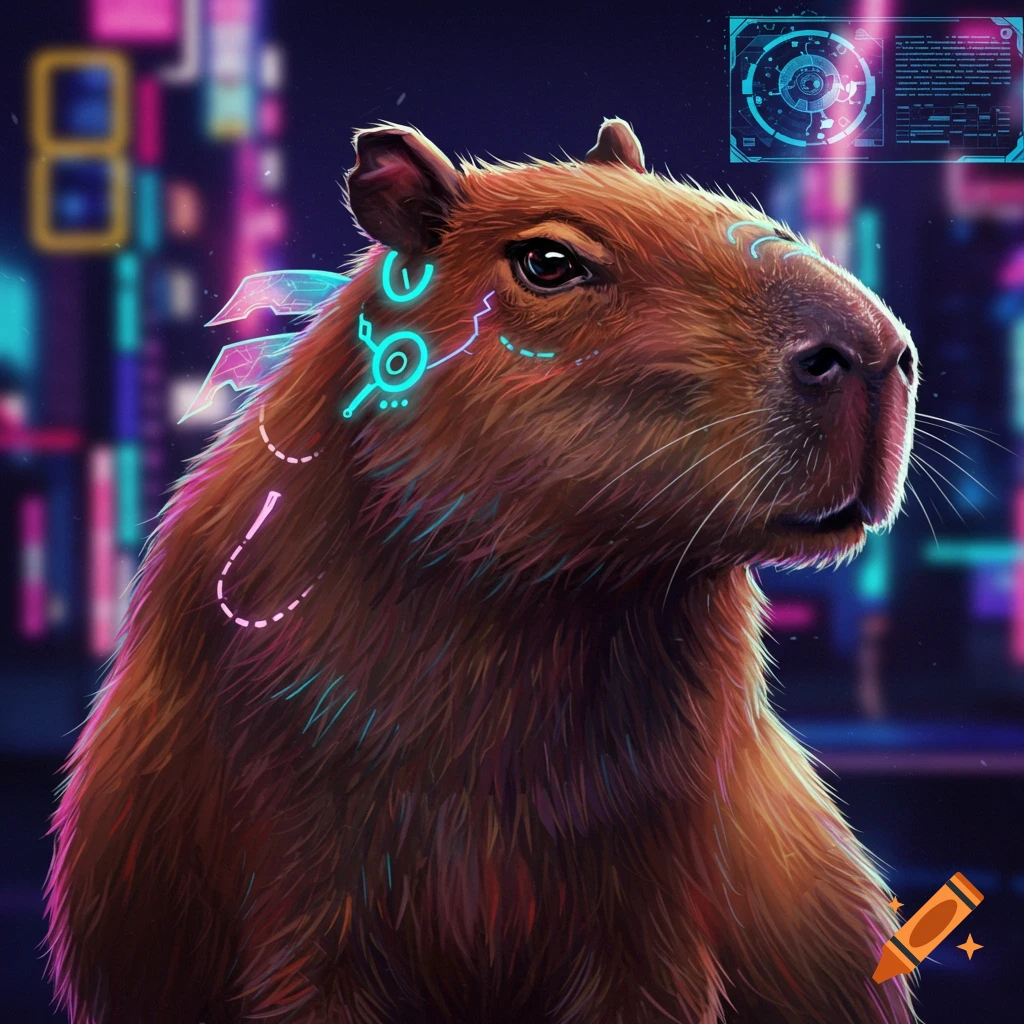 A cyberpunk capybara in a futuristic city.