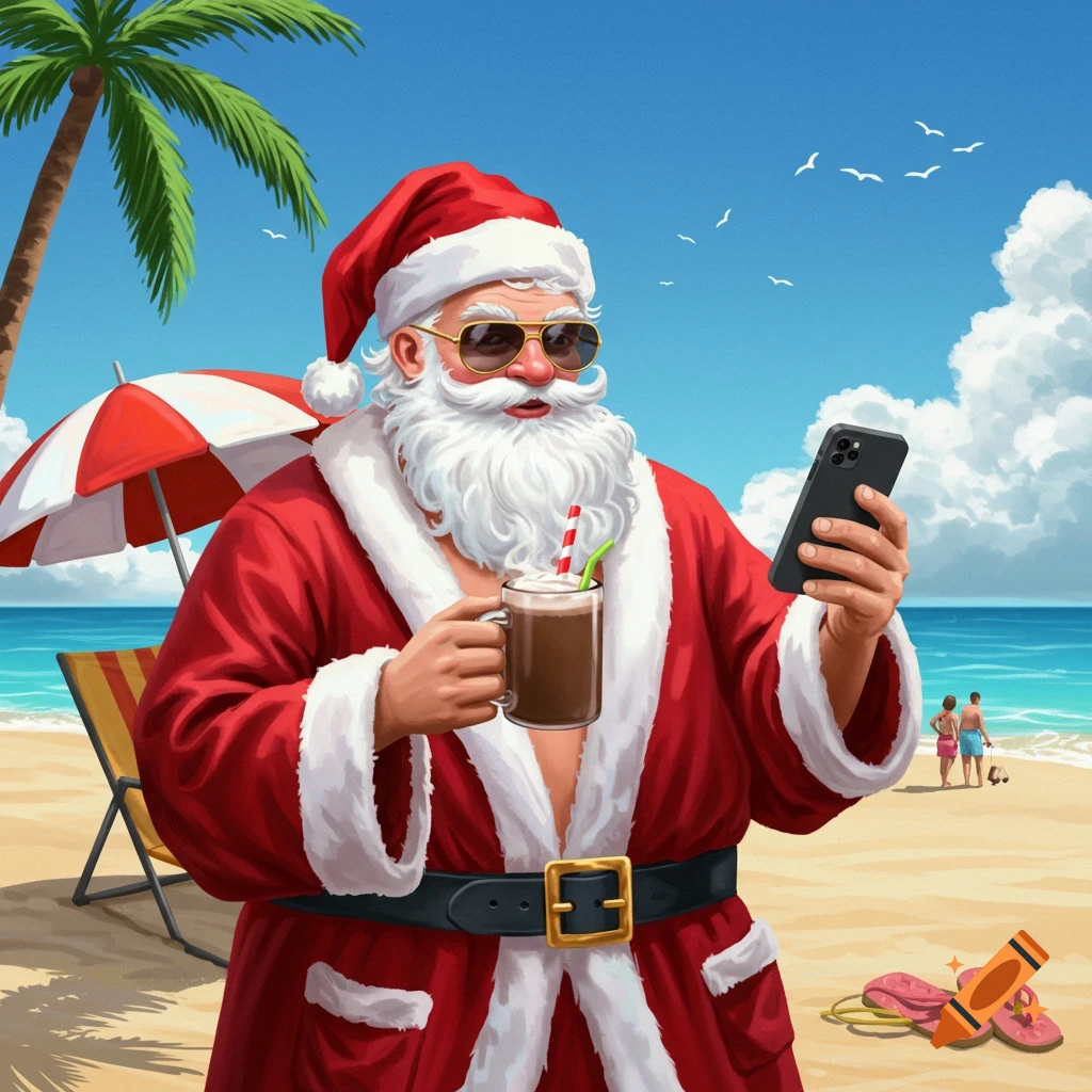 A man who resembles Santa Claus is relaxing on a beach, holding a drink and phone.