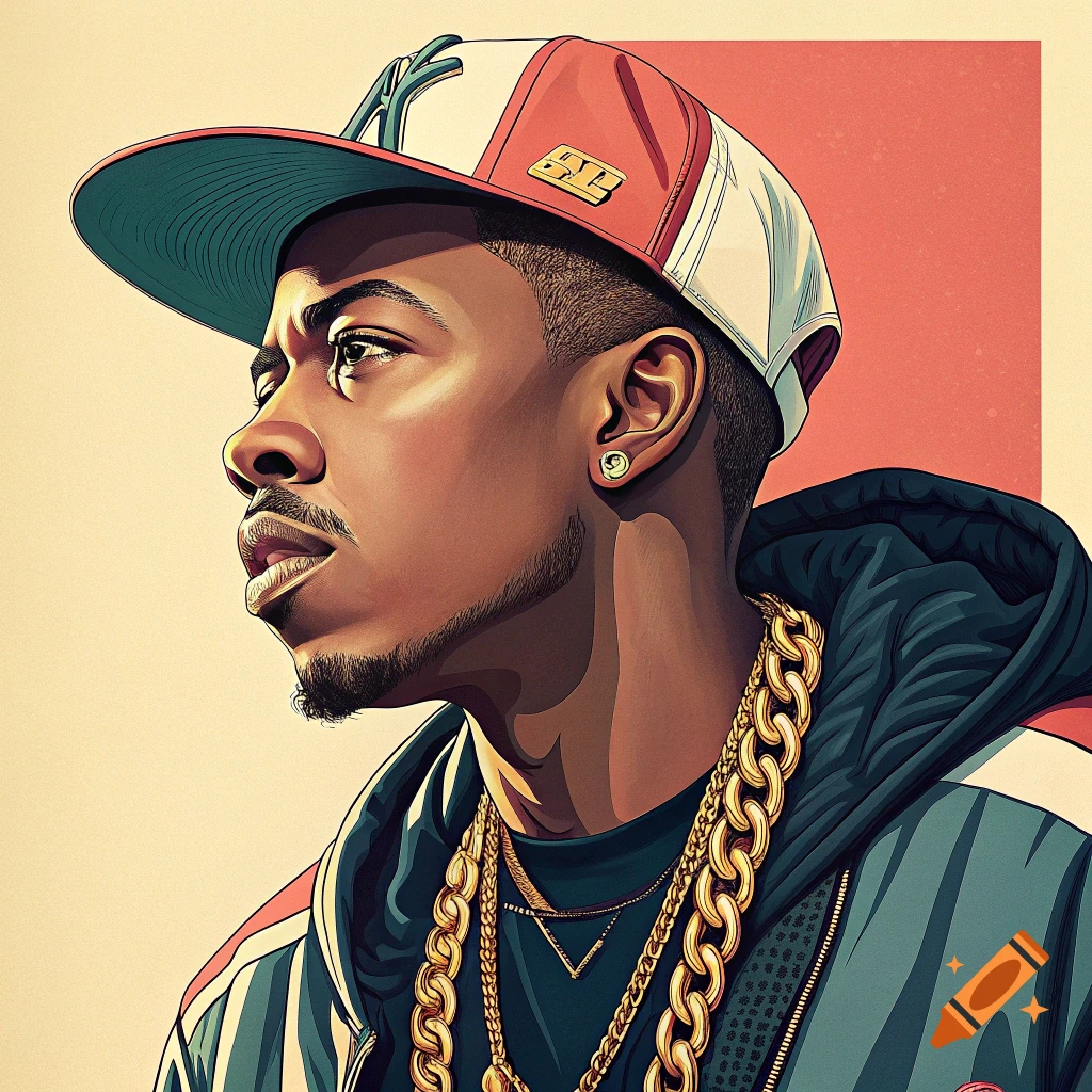 Stylized portrait of a man wearing a cap and gold chains.